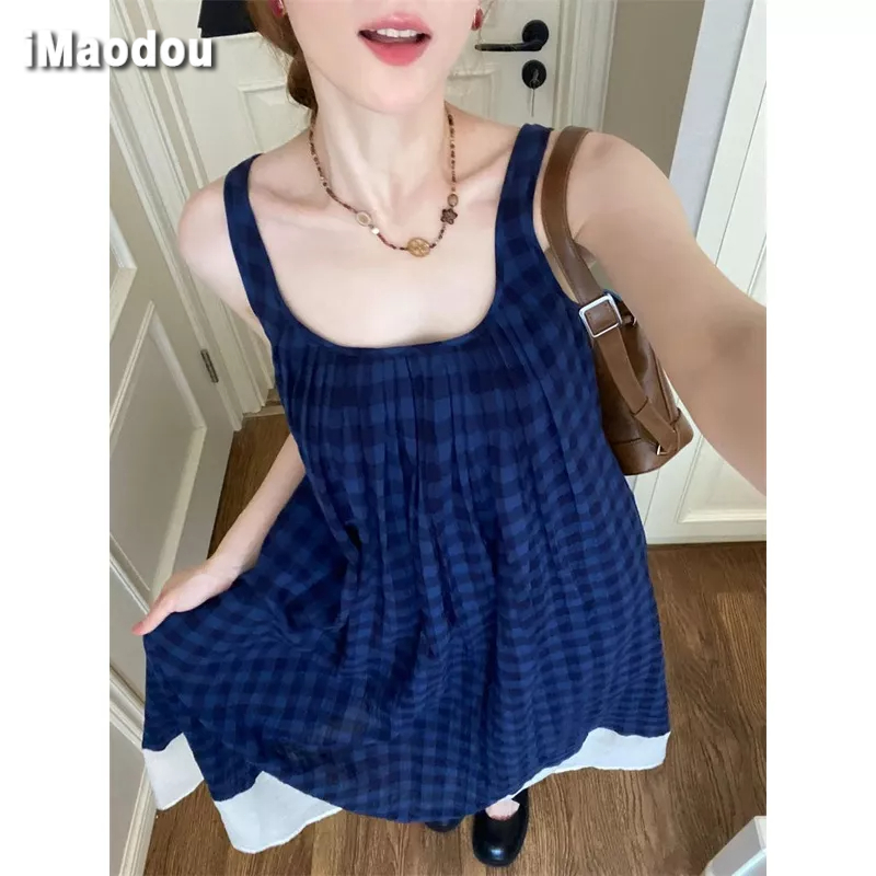 IMAODOU Pháp cổ vuông kẻ sọc váy dây phụ nữ mùa hè thiết kế thích hợp không tay vest rời váy dài xích đu lớn