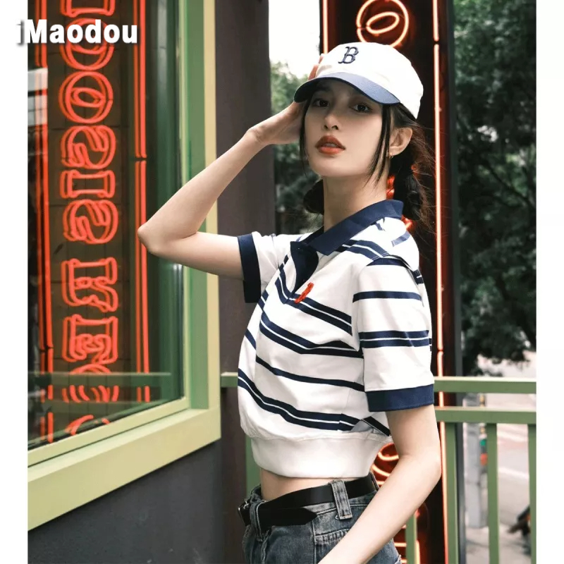 IMAODOU Sọc t-shirt ngắn tay áo polo nữ cotton mỏng châu âu và hoa kỳ loại cao cấp cảm giác mỏng mùa hè mới đoạn ngắn áo sơ mi