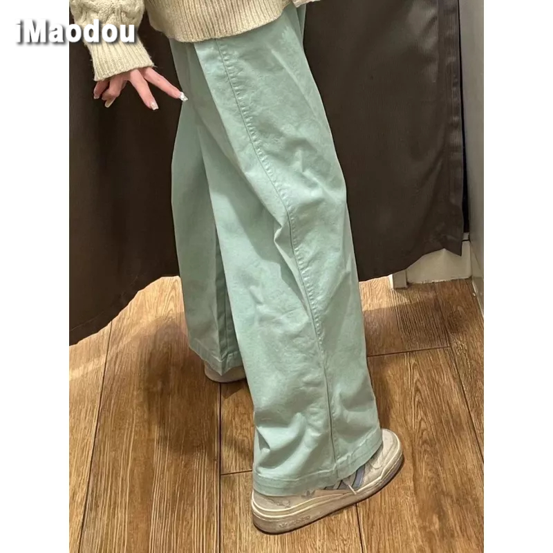 IMAODOU Quần ống rộng Lưng Thun Cao Màu Xanh Bạc Hà Phong Cách Hàn Quốc Thời Trang Xuân Hè Cho Nữ