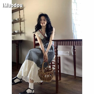 Đầm dài IMAODOU cổ búp bê không tay viền ren họa tiết sọc caro ngọt ngào phong cách vintage Pháp cho nữ