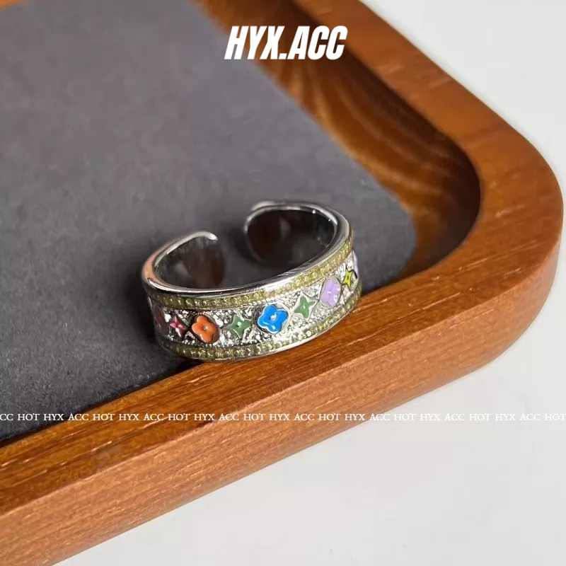 Nhẫn nữ thời trang màu vàng bốn-lá cỏ ba lá vòng mở có thể điều chỉnh