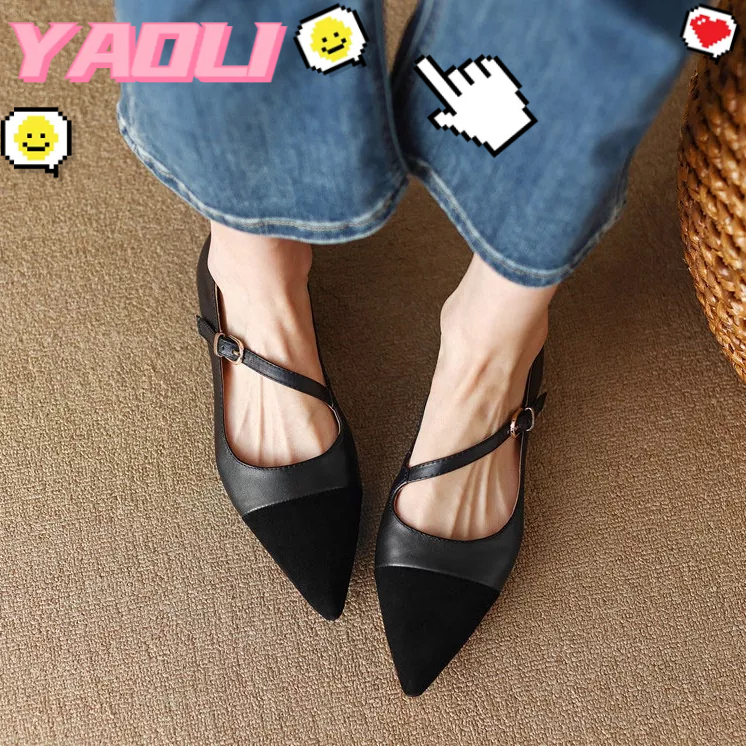 Giày búp bê da lộn YAOLI mũi nhọn gót dày thời trang mới cho nữ