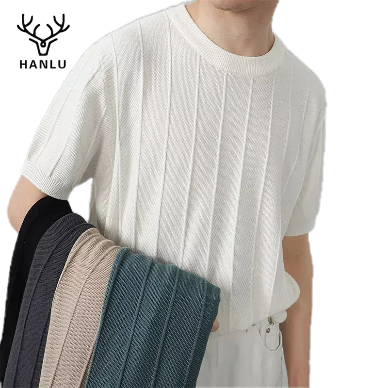 Áo thun nam HANLU dệt kim kết cấu màu trơn tay ngắn chui đầu dễ phối đồ phong cách thường ngày doanh nhân