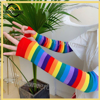 Găng Tay Dài Hở Ngón Kẻ Sọc Màu Sắc Cầu Vồng Phong Cách Harajuku Cho Nữ
