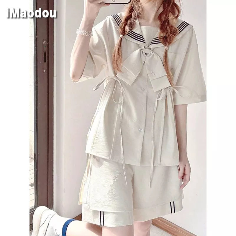 IMAODOU nhật bản dễ thương jk đồng phục phù hợp với nữ mùa hè hải quân gió giản dị thủy thủ cổ áo lỏng lẻo quần ngắn tay hai-mảnh thủy triều