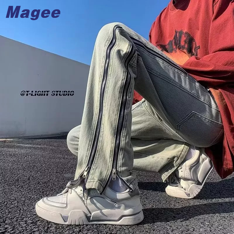 Quần Jean Dài Dáng Ôm Hai Hàng Khóa Kéo Phong Cách Hip Hop Hàn Quốc Thời Trang Cho Nam