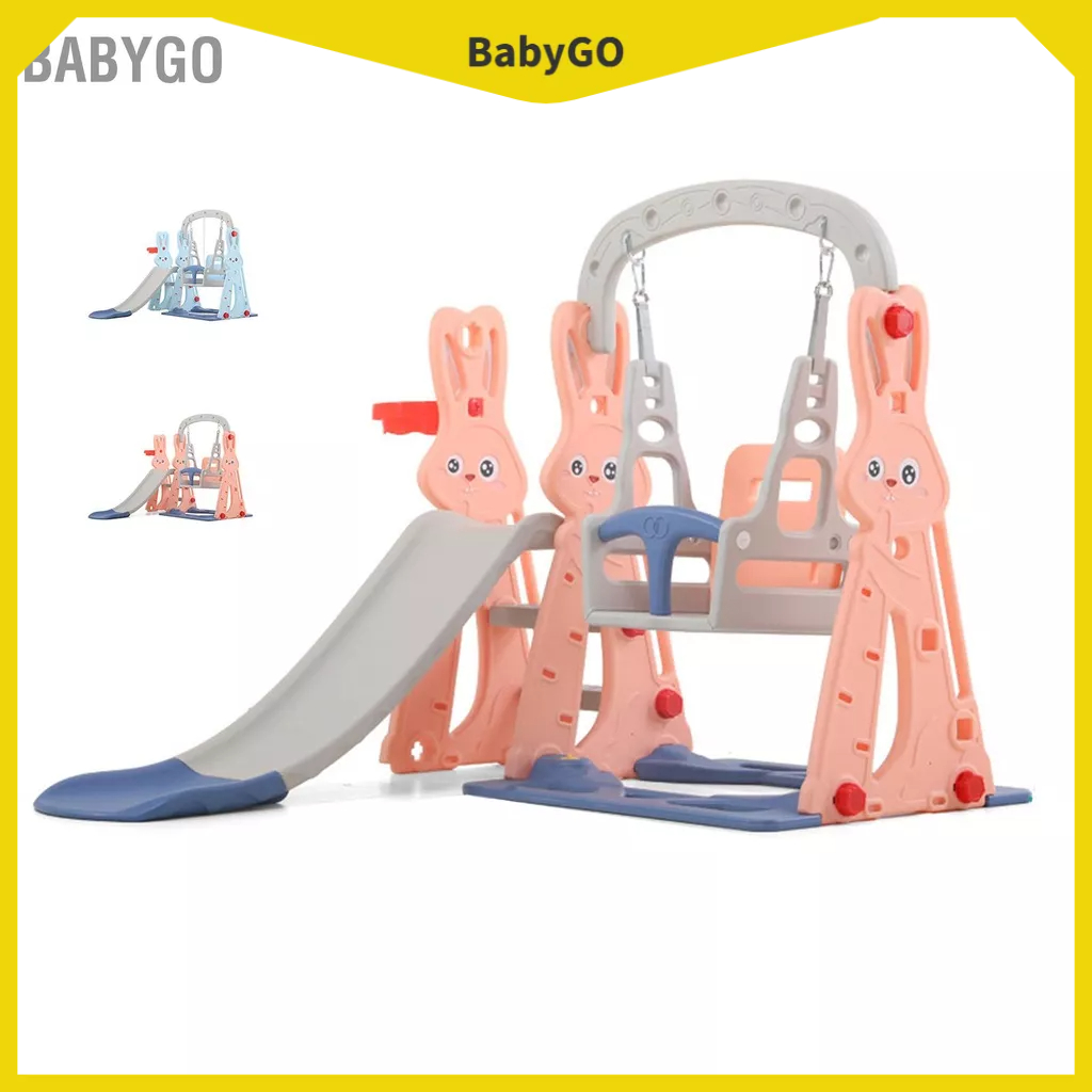 BabyGo Bộ xích đu cầu trượt cho bé đồ chơi trong nhà họa tiết thỏ dễ thương với khung bóng rổ