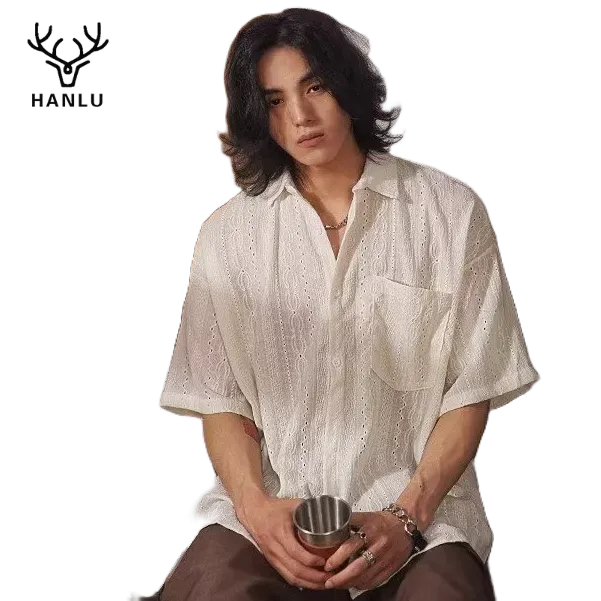 Áo sơ mi nam HANLU dáng rộng đơn sắc có kết cấu rỗng vải chất lượng hàng đầu thoải mái và thoáng khí
