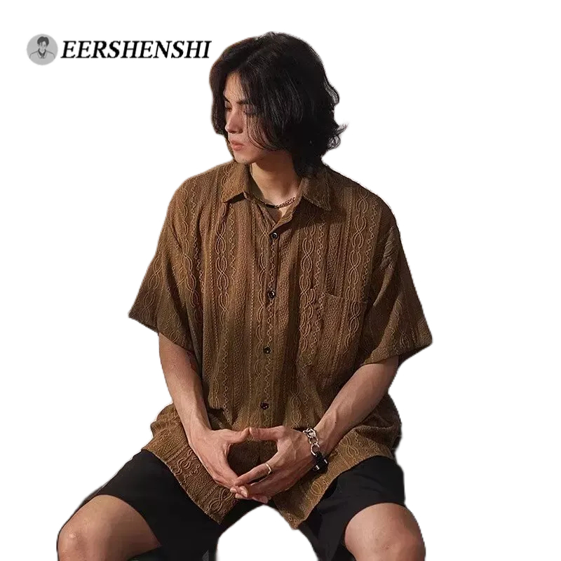 Áo sơ mi nam EERSHENSHI dáng rộng phong cách harajuku Nhật Bản màu sắc đơn giản
