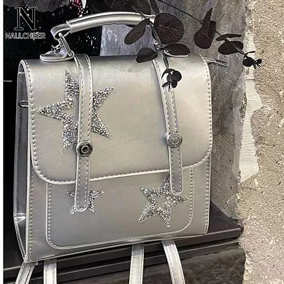 Ba lô nữ nallcheer nhật bản và hàn quốc hợp thời trang mới sáng bóng ngôi sao sáng bóng kết cấu da pu màu bạc mới dung tích lớn