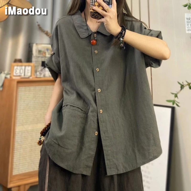 Áo sơ mi IMAODOU tay ngắn cổ polo in họa tiết phong cách Hàn Quốc thời trang mùa hè 2023 dành cho nữ