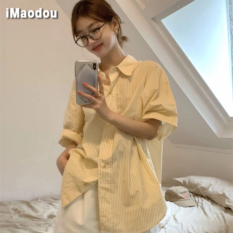 Áo sơ mi IMAODOU ngắn tay cổ polo họa tiết sọc dọc phong cách Nhật Bản thời trang mùa hè dành cho nữ
