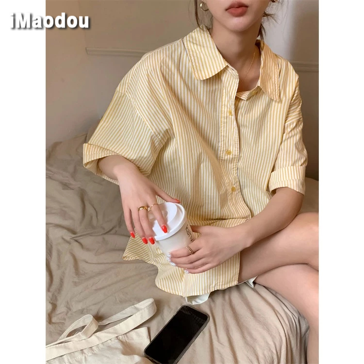 Áo sơ mi IMAODOU ngắn tay cổ polo họa tiết sọc dọc phong cách Nhật Bản thời trang mùa hè dành cho nữ