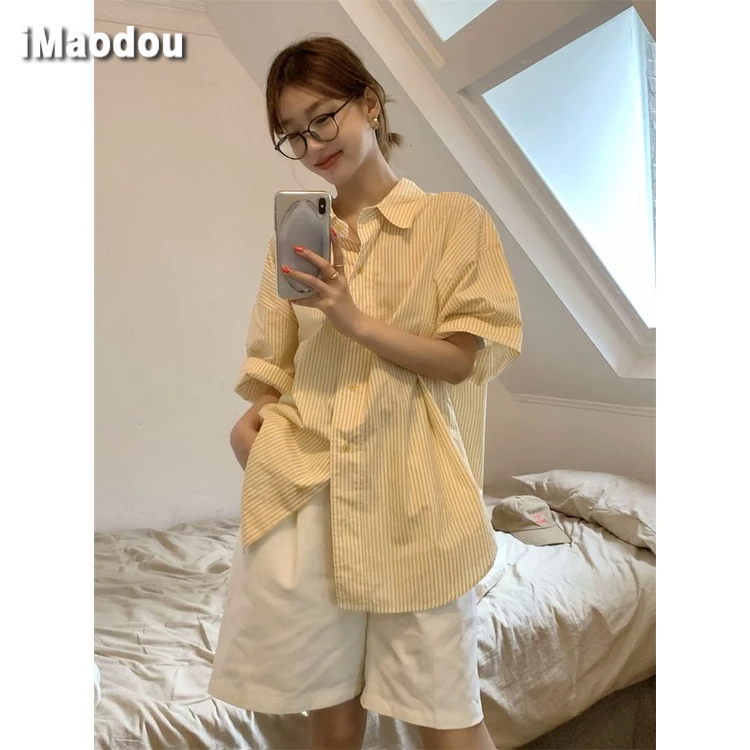 Áo sơ mi IMAODOU ngắn tay cổ polo họa tiết sọc dọc phong cách Nhật Bản thời trang mùa hè dành cho nữ
