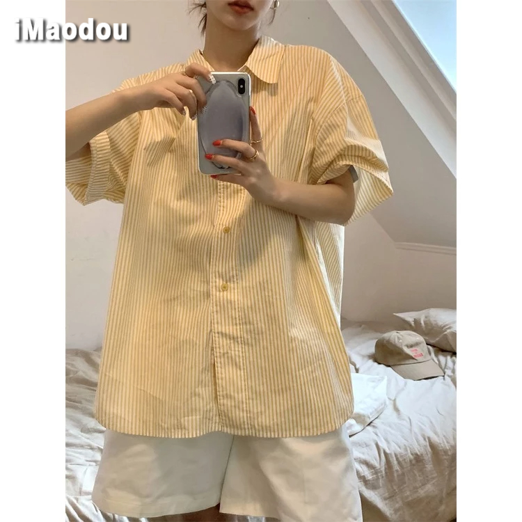 Áo sơ mi IMAODOU ngắn tay cổ polo họa tiết sọc dọc phong cách Nhật Bản thời trang mùa hè dành cho nữ