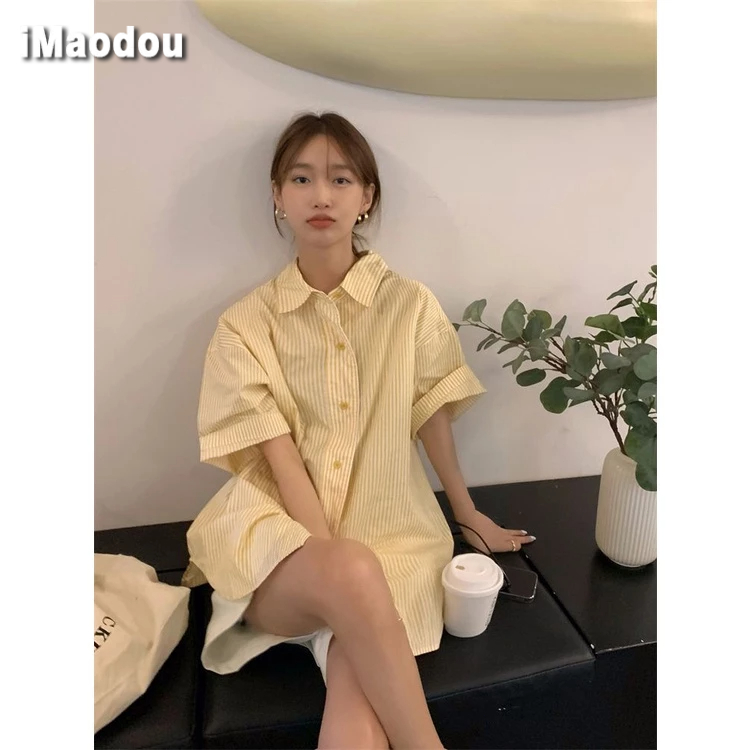 Áo sơ mi IMAODOU ngắn tay cổ polo họa tiết sọc dọc phong cách Nhật Bản thời trang mùa hè dành cho nữ