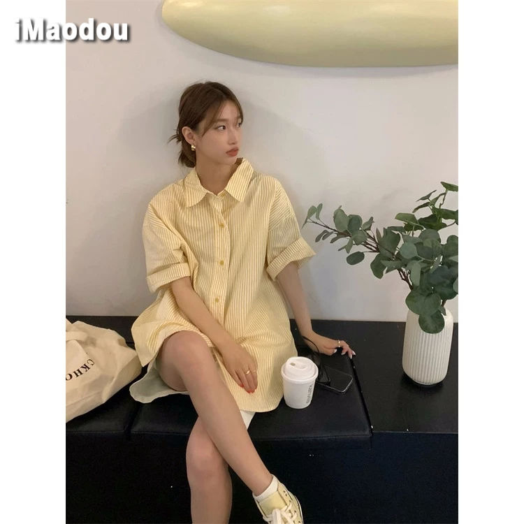 Áo sơ mi IMAODOU ngắn tay cổ polo họa tiết sọc dọc phong cách Nhật Bản thời trang mùa hè dành cho nữ