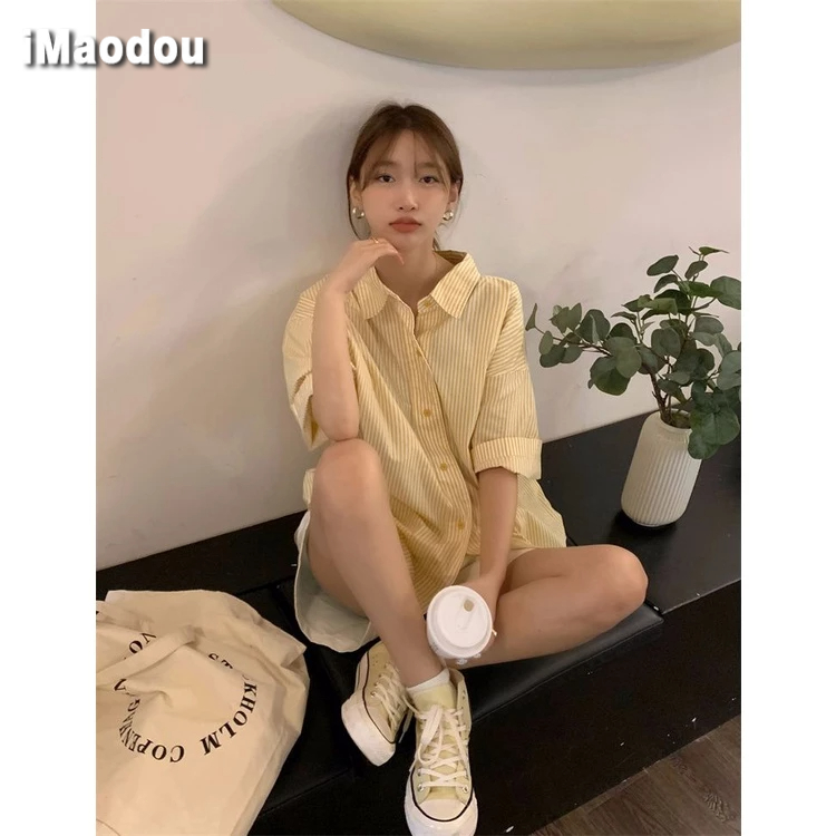 Áo sơ mi IMAODOU ngắn tay cổ polo họa tiết sọc dọc phong cách Nhật Bản thời trang mùa hè dành cho nữ