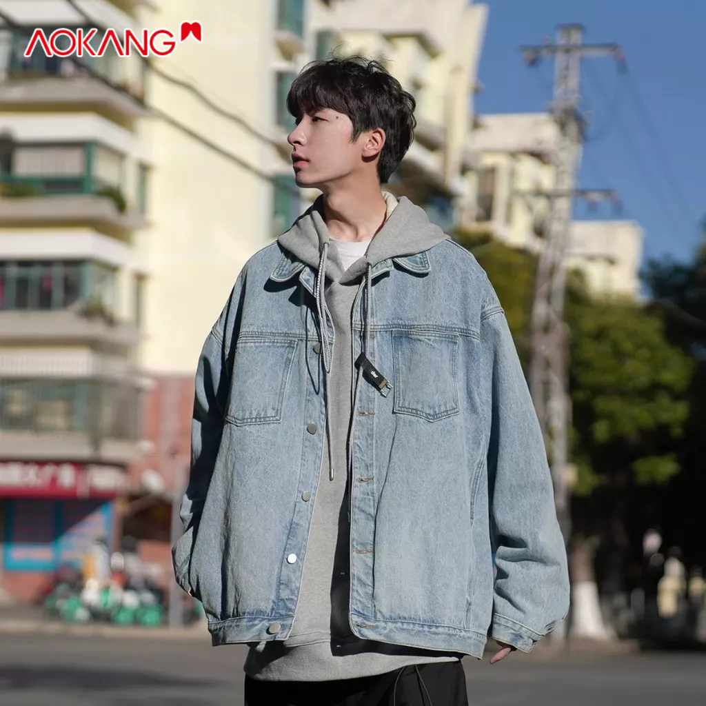 Áo khoác denim AOKANG dáng rộng màu xanh lam thời trang Hàn Quốc dễ phối đồ giản dị cho học sinh
