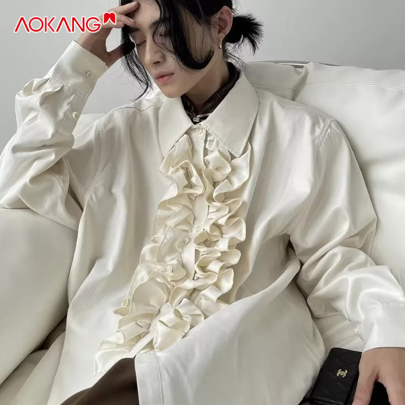 Áo sơ mi nam AOKANG tay dài cổ gập dáng rộng phối ren lá sen màu trắng phong cách sinh viên Hàn Quốc
