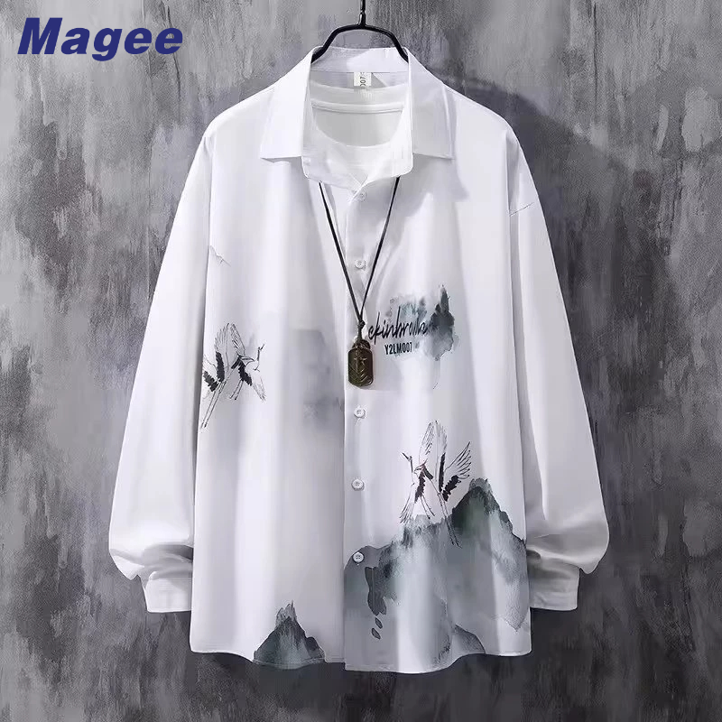 Magee áo sơ mi nam mới phiên bản hàn quốc cổ điển giản dị sang trọng xianhe in mực núi tranh rời phong cách cổ áo cardigan dài tay