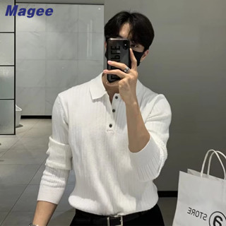 Magee áo sơ mi polo nam mới phiên bản hàn quốc retro giản dị cao cấp lớp phủ màu rắn dệt kim áo len cổ polo thời trang lớp lót trên cùng