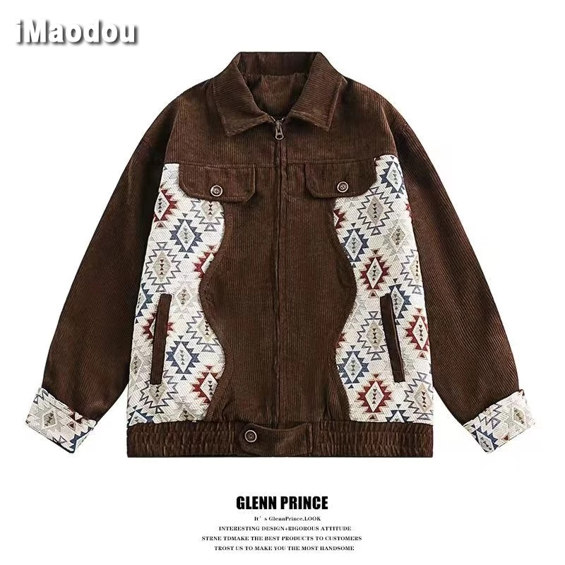 iMaodou New american retro phong cách dân tộc khâu ve áo áo khoác vải nhung nam đường phố mùa xuân thu mặc áo khoác thiết kế hip-hop