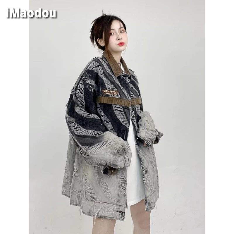 iMaodou Mỹ retro high-end gradient thiết kế ngoại cỡ áo khoác denim nam mùa xuân thu đường phố mặc áo khoác nam nữ