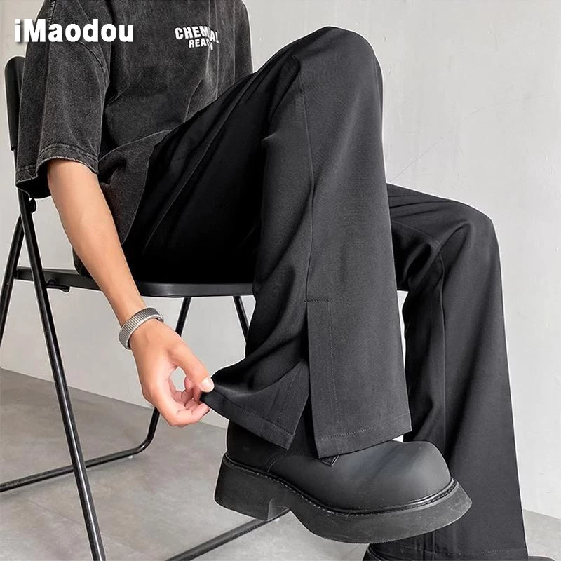 IMaodou Quần Tây Vải Lụa Lạnh Cao Cấp Màu Nâu Cà Phê Ống Thẳng Xẻ Tà Nhẹ Nhàng Thời Trang Mùa Hè Cho Nam