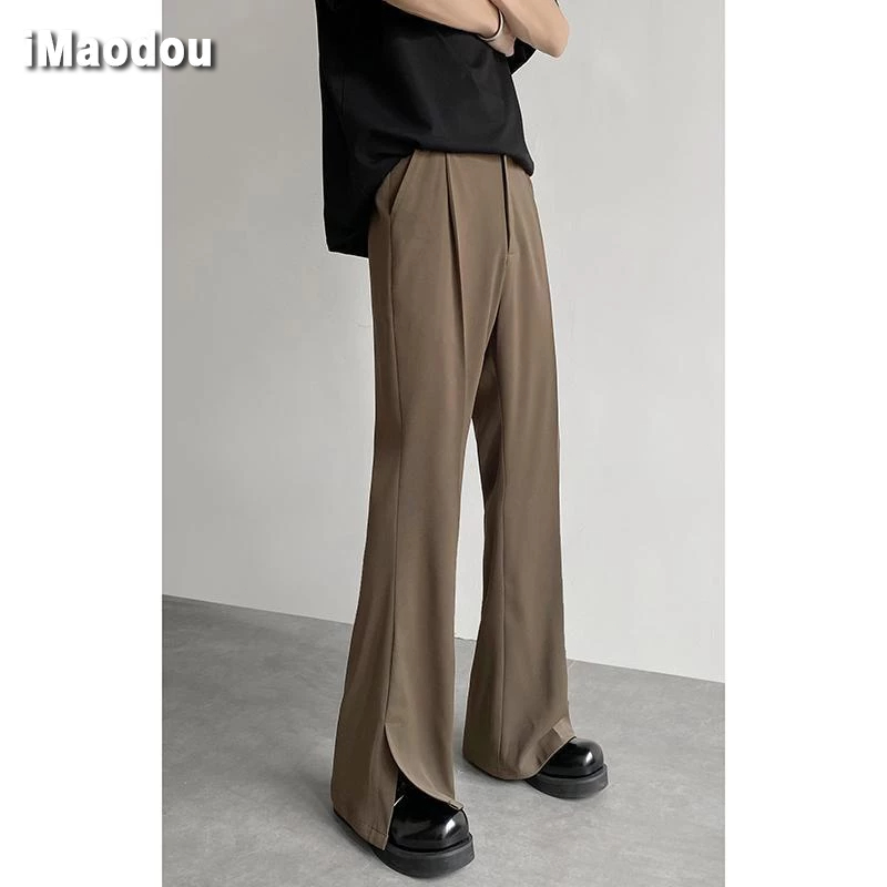 IMaodou Quần Tây Vải Lụa Lạnh Cao Cấp Màu Nâu Cà Phê Ống Thẳng Xẻ Tà Nhẹ Nhàng Thời Trang Mùa Hè Cho Nam