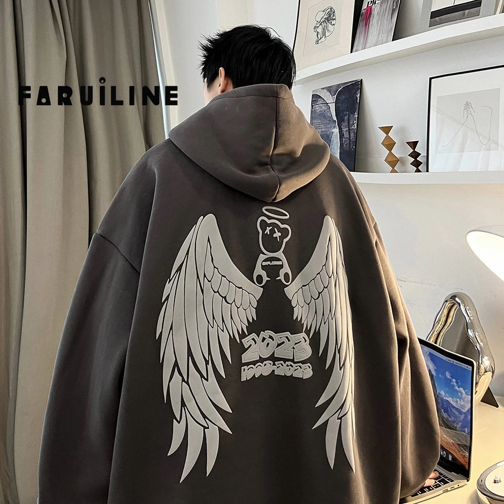 Áo khoác có mũ trùm đầu lỏng lẻo nam angel wings in jacket cặp đôi áo khoác có mũ trùm đầu thẻ dày