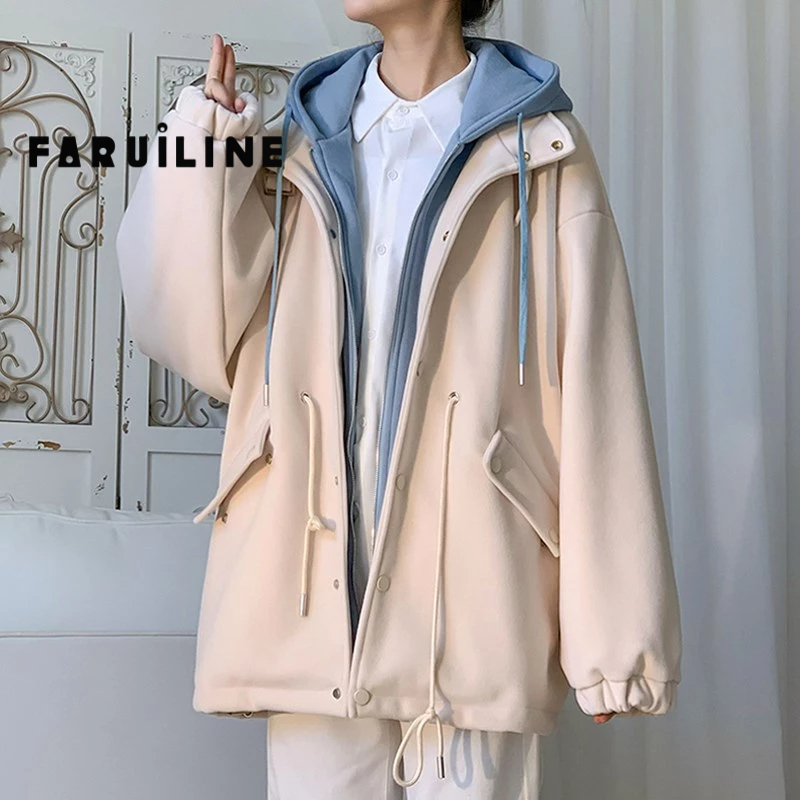 Fake two-piece jacket men autumn couple wear hoodie windbreaker áo khoác có mũ trùm đầu áo khoác len phong cách hồng kông