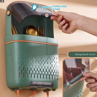 Landeli  Hộp Đựng Muỗng Đũa Gắn Tường Không Đục Lỗ Thoát Nước Chống Bụi Cho Nhà Bếp Gia Đình