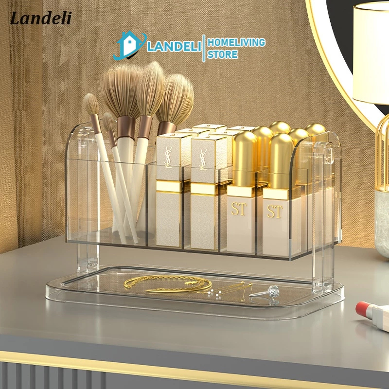 Hộp lưu trữ son môi landeli, tủ trang điểm nổi tiếng lưới có thể tháo rời ins-style multi-grid, cọ trang điểm, vết môi, giá lưu trữ hoàn thiện trong suốt