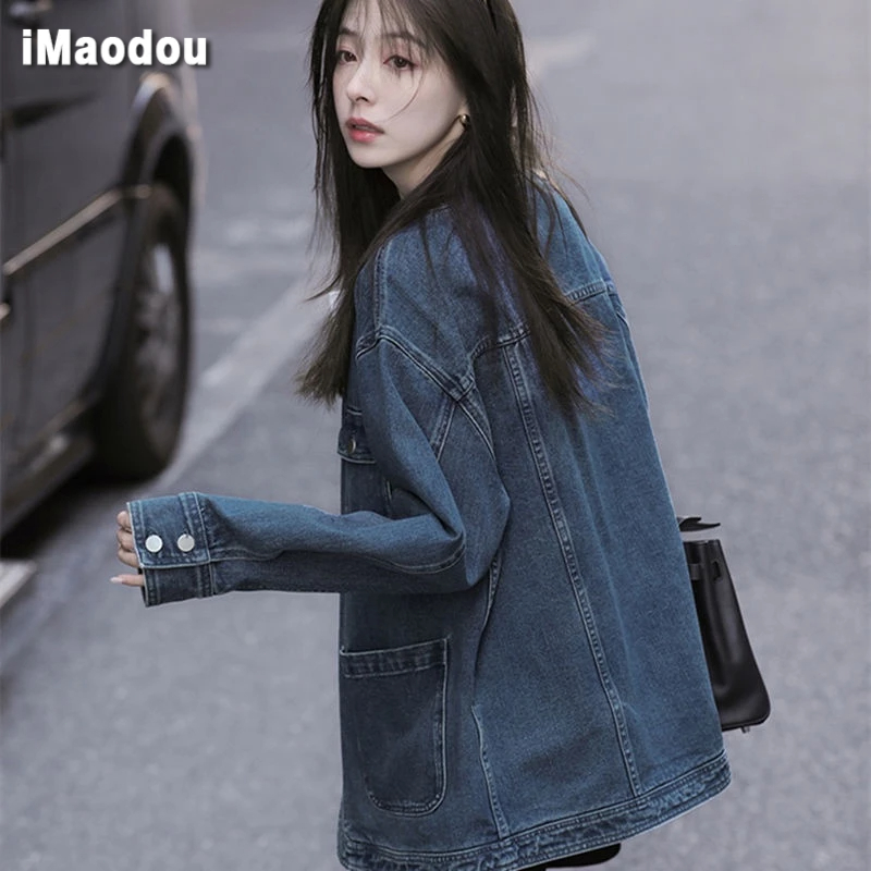 IMAODOU Áo Khoác denim Cổ Tròn Phong Cách hong kong Thời Trang Xuân Thu Cho Nữ