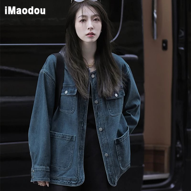 IMAODOU Áo Khoác denim Cổ Tròn Phong Cách hong kong Thời Trang Xuân Thu Cho Nữ