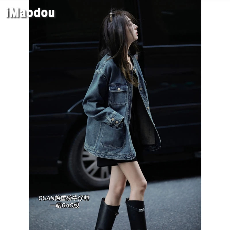 IMAODOU Áo Khoác denim Cổ Tròn Phong Cách hong kong Thời Trang Xuân Thu Cho Nữ