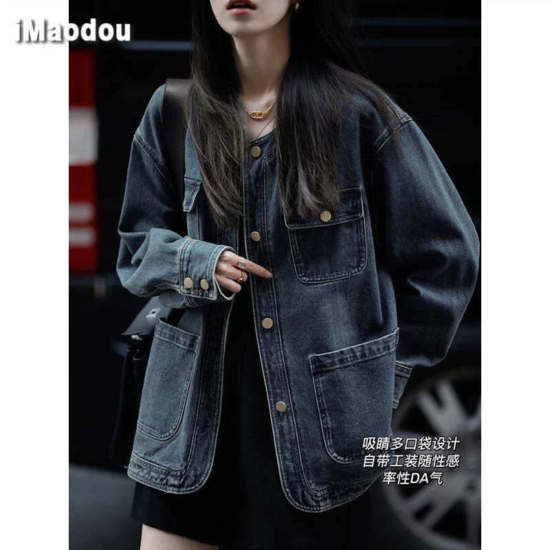 IMAODOU Áo Khoác denim Cổ Tròn Phong Cách hong kong Thời Trang Xuân Thu Cho Nữ