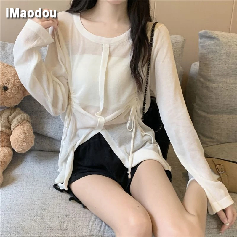 IMAODOU Áo Sơ Mi Dệt Kim Mỏng Tay Dài Xếp Ly Rút Dây Thời Trang Mùa Hè Cho Nữ