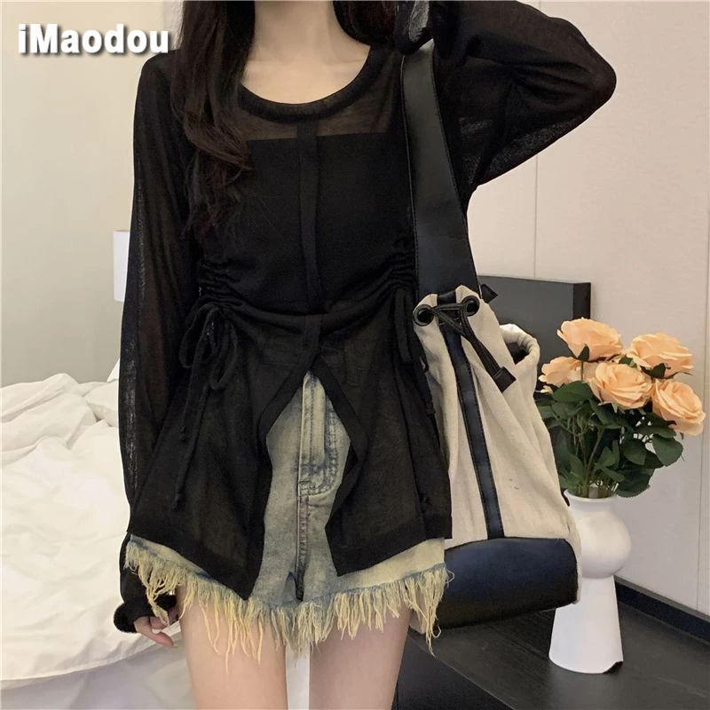 IMAODOU Áo Sơ Mi Dệt Kim Mỏng Tay Dài Xếp Ly Rút Dây Thời Trang Mùa Hè Cho Nữ