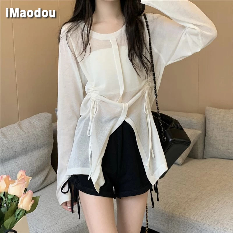 IMAODOU Áo Sơ Mi Dệt Kim Mỏng Tay Dài Xếp Ly Rút Dây Thời Trang Mùa Hè Cho Nữ
