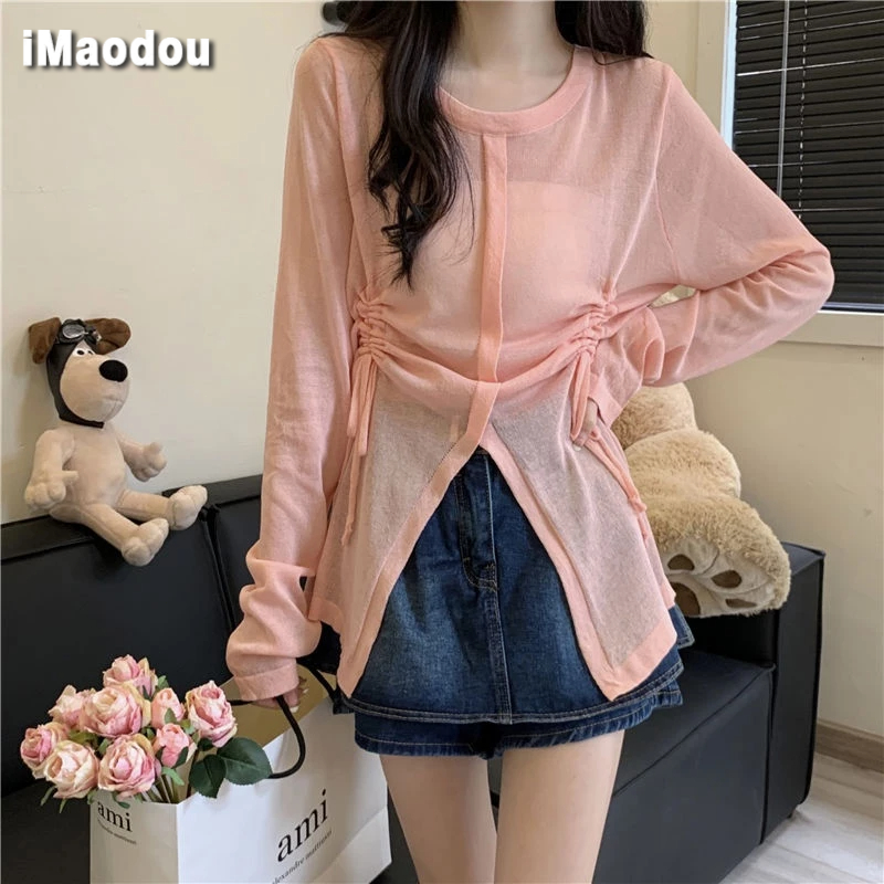 IMAODOU Áo Sơ Mi Dệt Kim Mỏng Tay Dài Xếp Ly Rút Dây Thời Trang Mùa Hè Cho Nữ