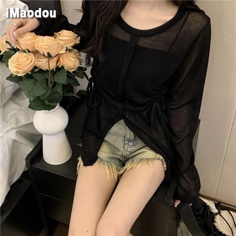 IMAODOU Áo Sơ Mi Dệt Kim Mỏng Tay Dài Xếp Ly Rút Dây Thời Trang Mùa Hè Cho Nữ