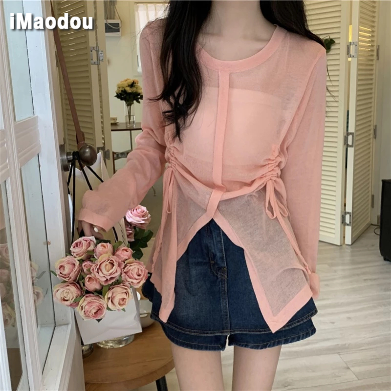 IMAODOU Áo Sơ Mi Dệt Kim Mỏng Tay Dài Xếp Ly Rút Dây Thời Trang Mùa Hè Cho Nữ