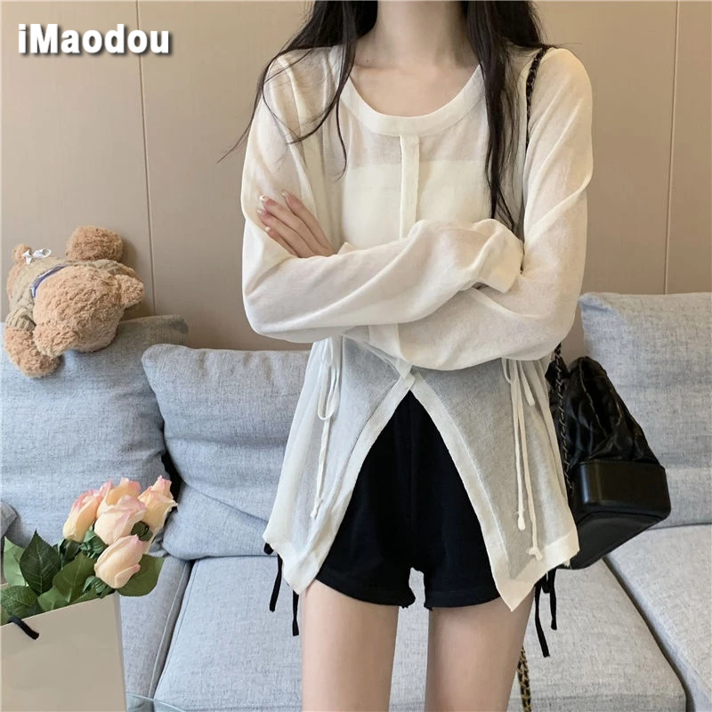 IMAODOU Áo Sơ Mi Dệt Kim Mỏng Tay Dài Xếp Ly Rút Dây Thời Trang Mùa Hè Cho Nữ