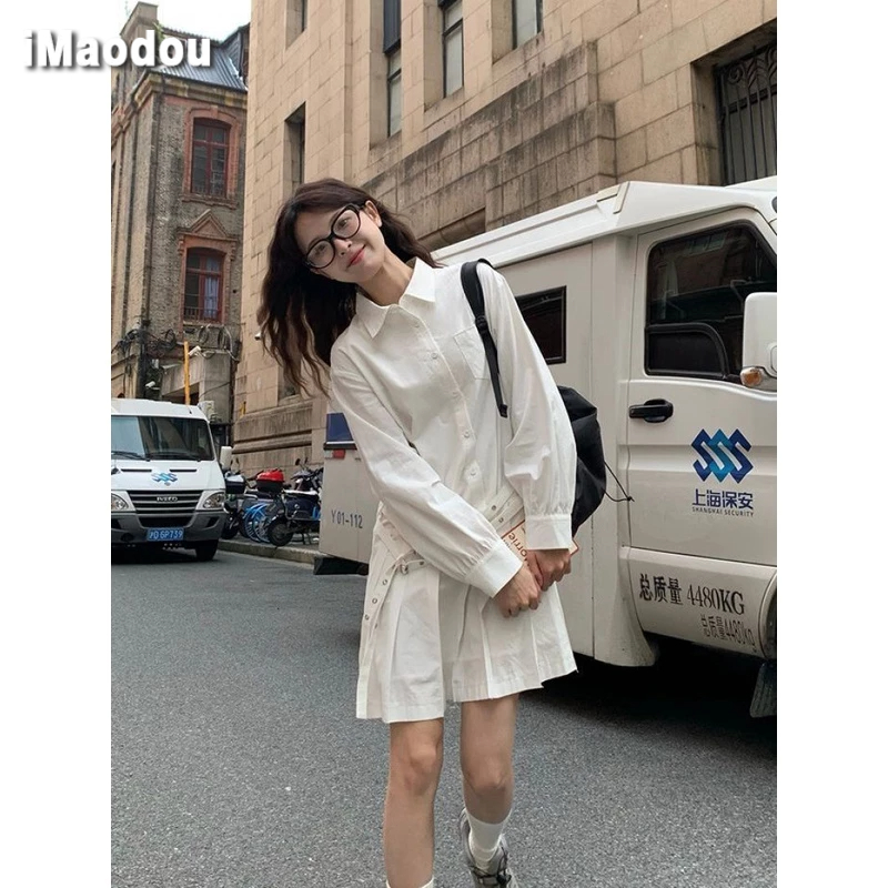 Đầm IMAODOU ngắn xếp ly tay dài phối thắt lưng thiết kế đơn giản thời trang mùa thu cho nữ