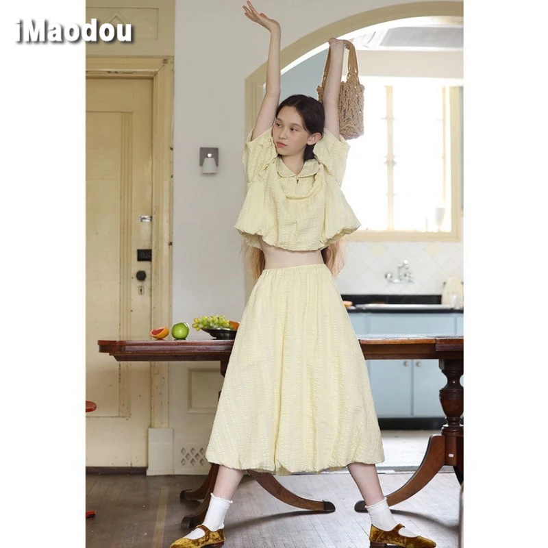IMAODOU Bộ Áo Sơ Mi Ngắn Tay + Chân Váy Lưng Cao Ôm Dáng Thời Trang Mùa Hè 2023 Phong Cách Mới Cho Nữ