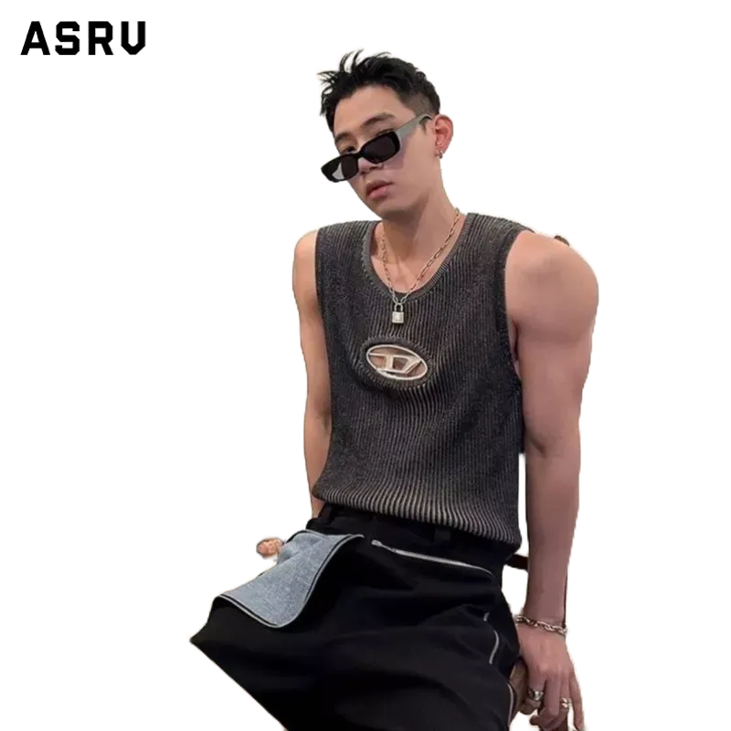 ASRV Áo Thun Sát Nách Dệt Kim Mỏng In Chữ Kim Loại Kiểu Hàn Quốc Thời Trang Cho Nam