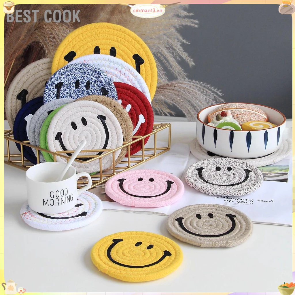 Tấm lót bàn ăn tròn bện dây cotton hình mặt cười phong cách Hàn Quốc