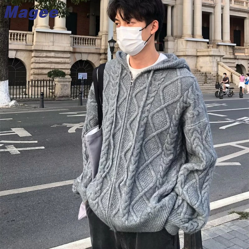 Magee áo sơ mi dệt kim nam mới phiên bản hàn quốc cổ điển đơn giản cao cấp rắn rời sọc in áo len dài tay có mũ trùm đầu